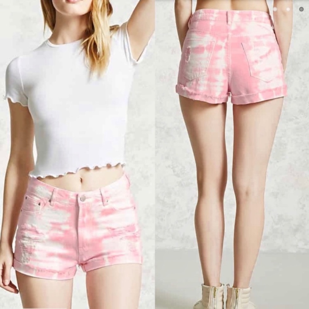 Forever 21 mid rise pink tie dye denim shorts size 25